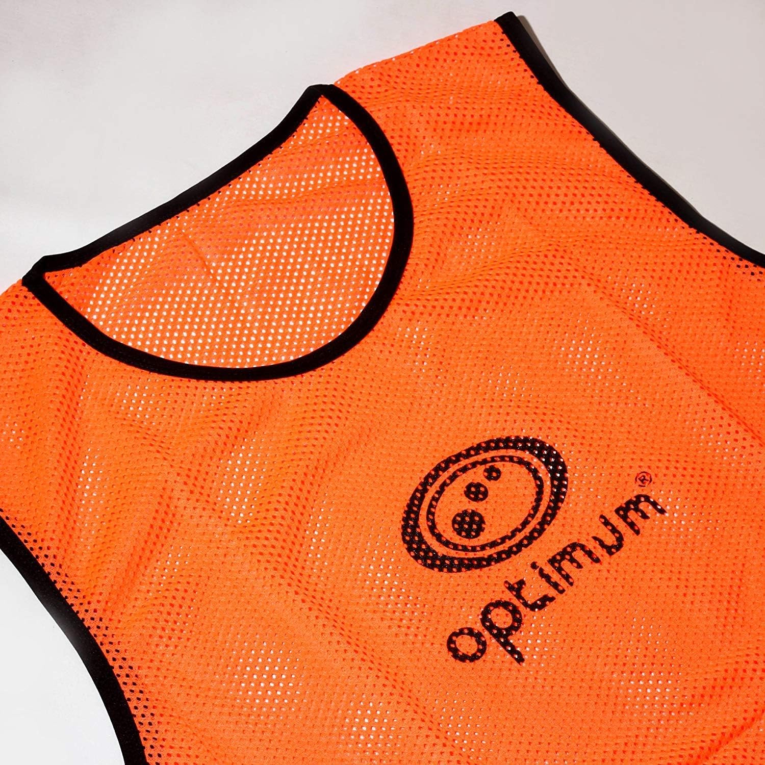 Orange Optimum mesh training bib with black trim and logo, laid flat at an angle on white - Optimum