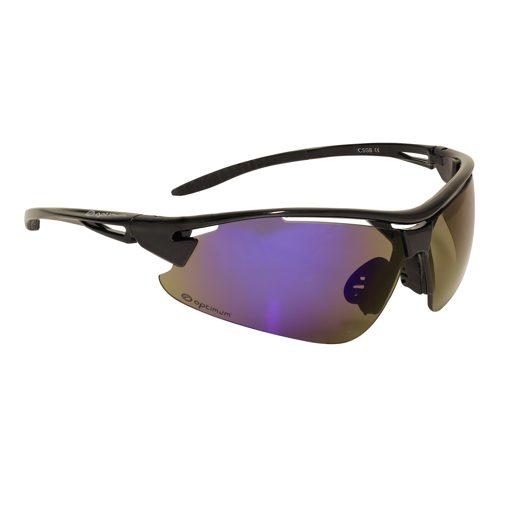 Black Optimum tri-lens sunglasses with blue mirrored lens, angled view on white - Optimum