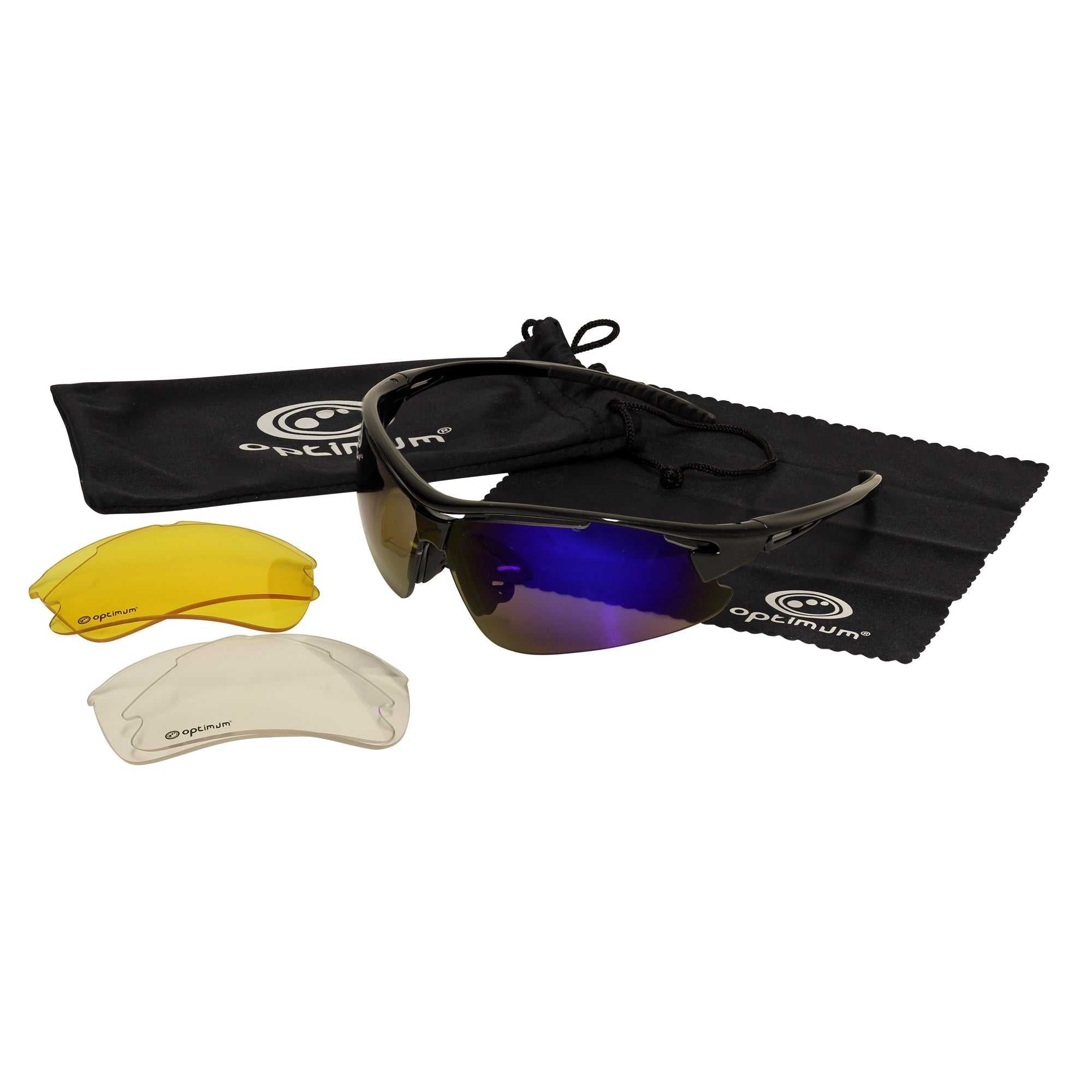 Black Optimum tri-lens sunglasses with blue mirrored lens, spare amber and clear lenses, pouch and cloth - Optimum