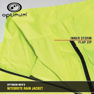 Optimum NiteBrite rain jacket feature panel showing inner storm flap zip close-up - Optimum