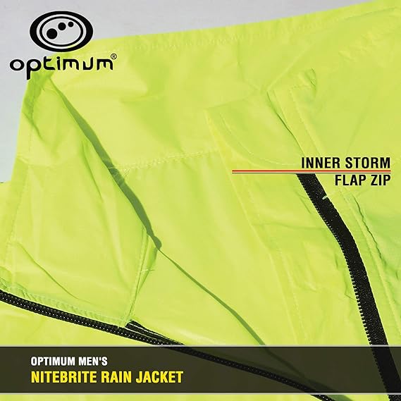 Optimum NiteBrite rain jacket feature panel showing inner storm flap zip close-up - Optimum