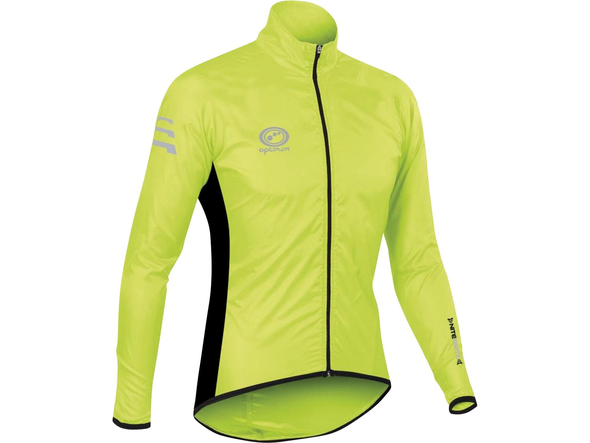 Fluorescent yellow Optimum NiteBrite cycling rain jacket, front view with reflective logo, black side panels - Optimum