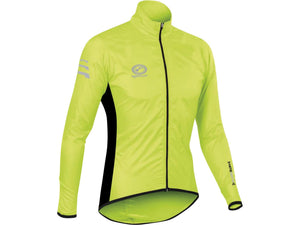 Fluorescent yellow Optimum NiteBrite cycling rain jacket, front view with reflective logo, black side panels - Optimum