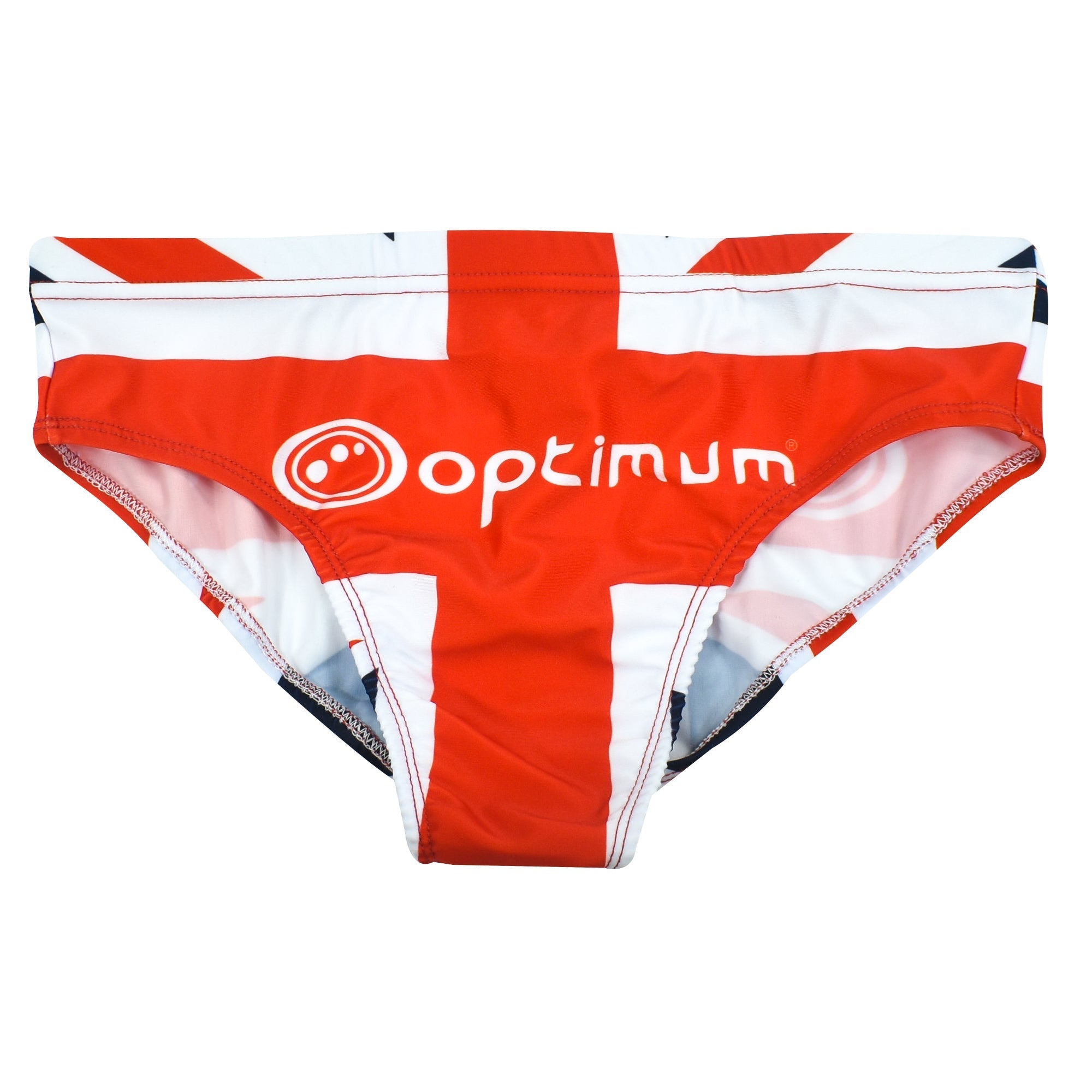 Union Jack print Optimum tackle trunks in red, white and blue with Optimum logo, flat lay - Optimum