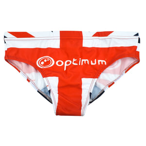 Union Jack print Optimum tackle trunks in red, white and blue with Optimum logo, flat lay - Optimum