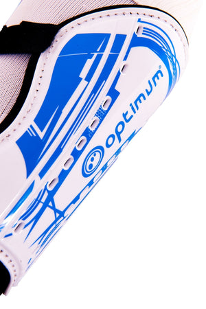 Close-up of white Optimum Velocidade shin guard with blue print, logo and vent holes, angled view on white - Optimum