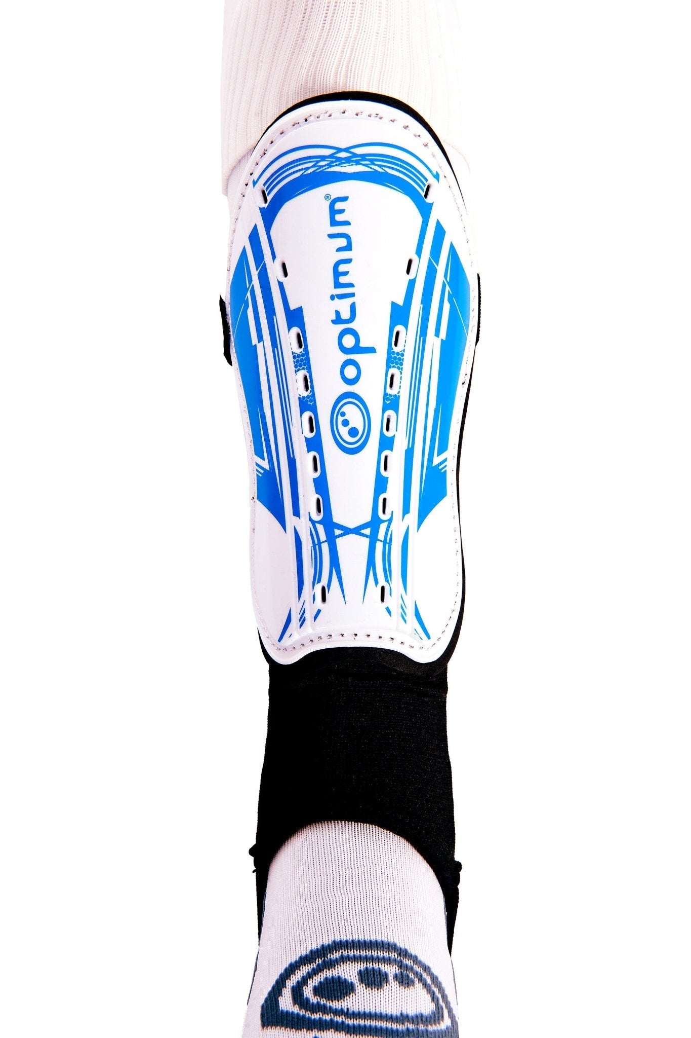 White Optimum Velocidade shin guard with blue print and logo worn over white sock, front view on white - Optimum