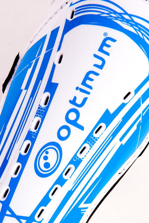 Close-up of white and blue Optimum Velocidade shin guard with blue print and logo detail - Optimum