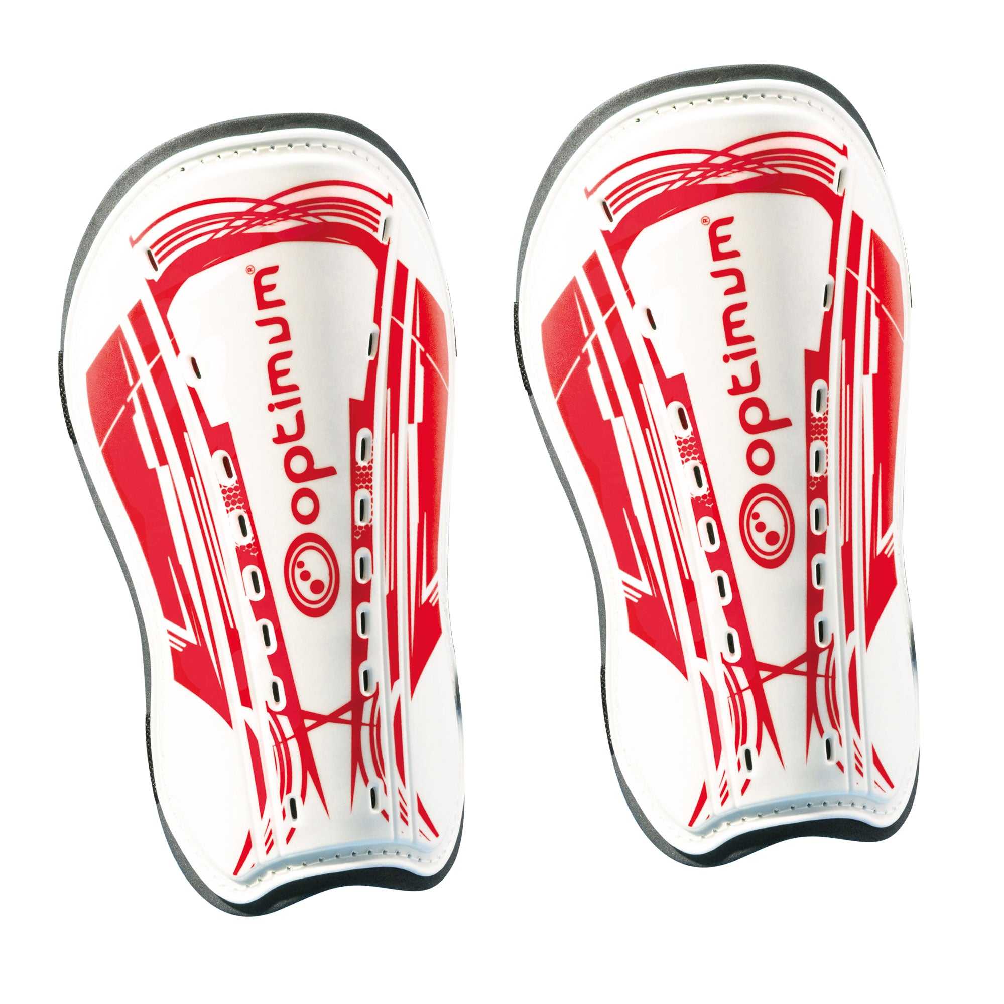 Pair of white and red Optimum Velocidade shin guards with red print and logo, upright on white - Optimum