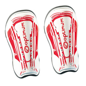 Pair of white and red Optimum Velocidade shin guards with red print and logo, upright on white - Optimum