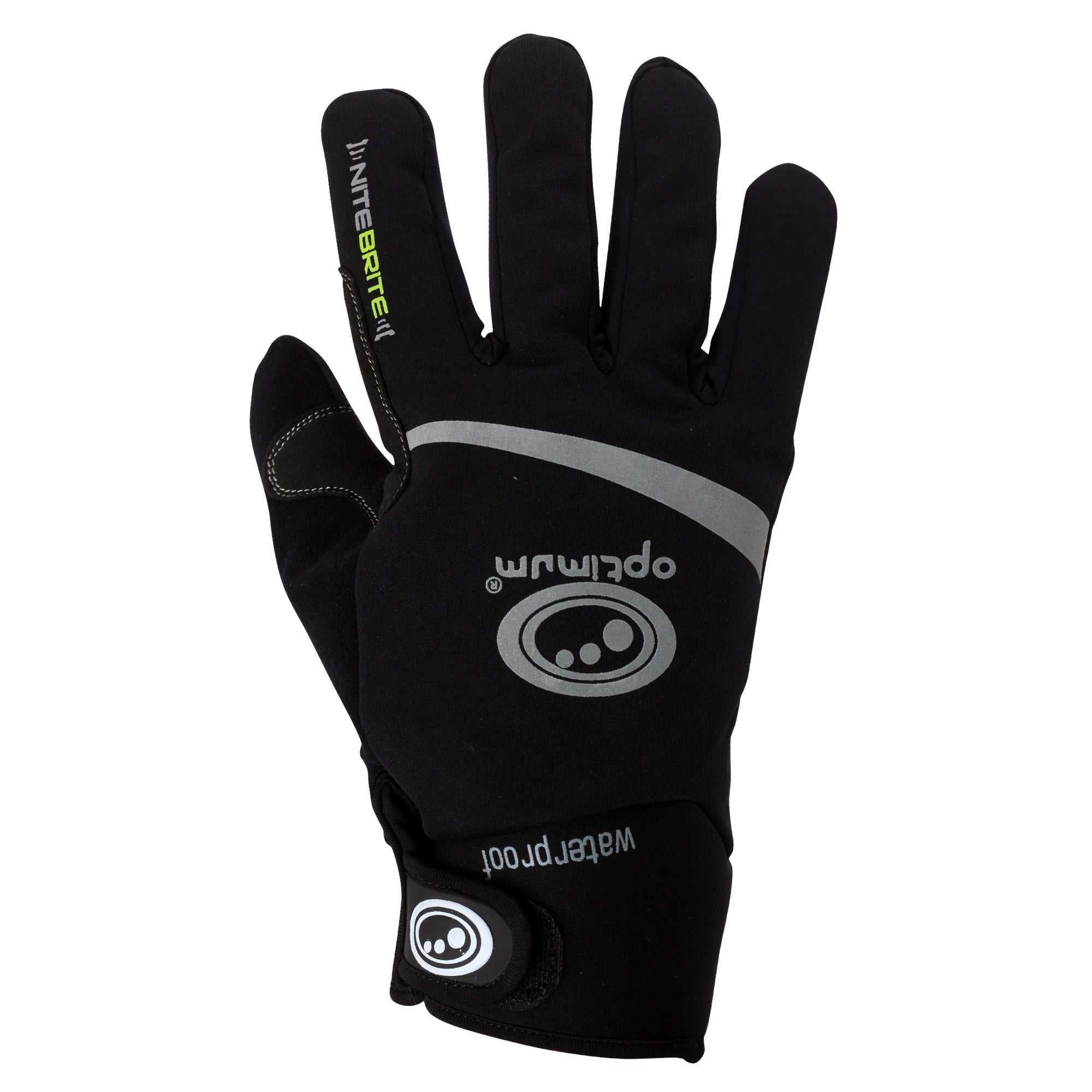 Black full-finger waterproof winter cycling glove, back view with reflective stripe and logo, on white - Optimum