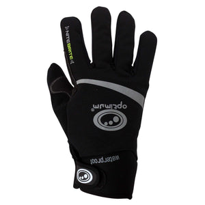 Black full-finger waterproof winter cycling glove, back view with reflective stripe and logo, on white - Optimum