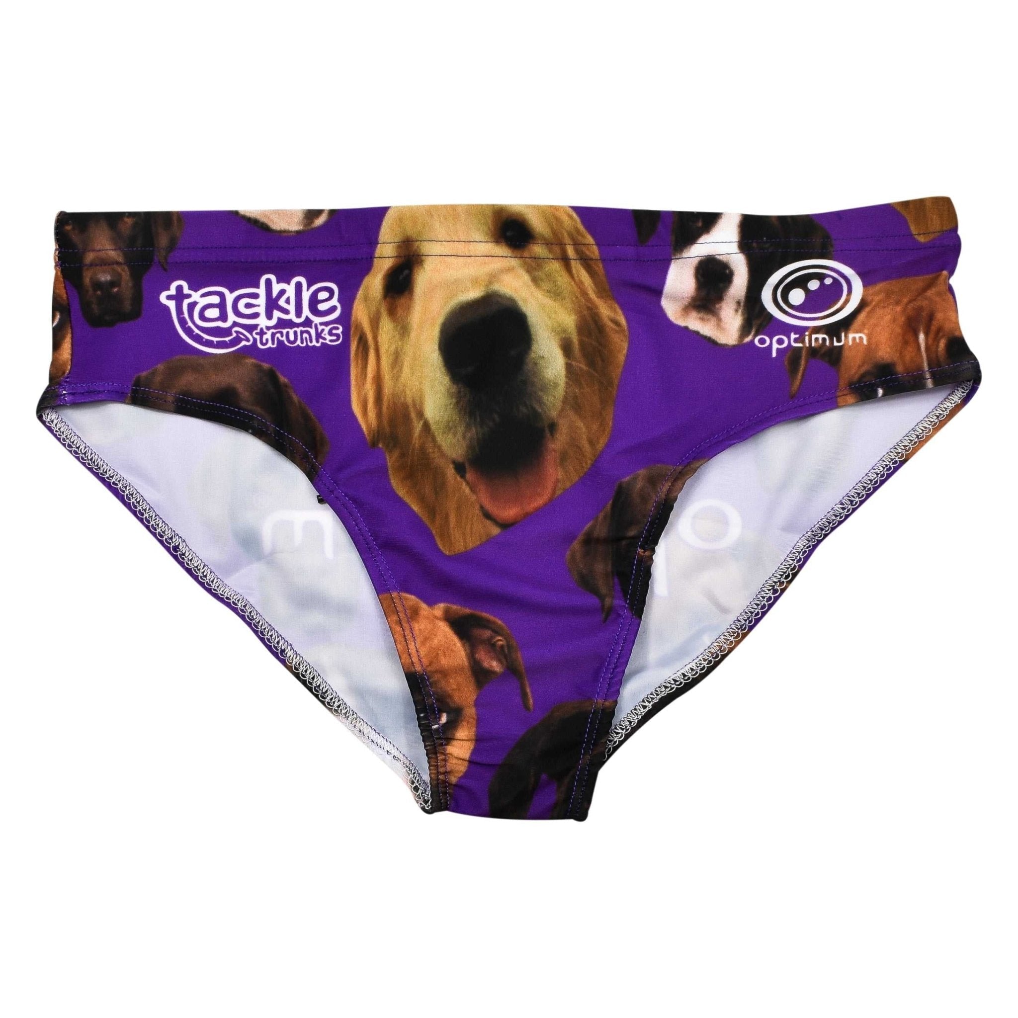 Purple Optimum dog-print tackle trunks with Tackle Trunks and Optimum logos, close flat lay - Optimum