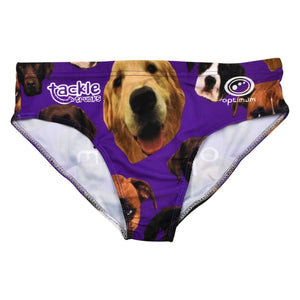Purple Optimum dog-print tackle trunks with Tackle Trunks and Optimum logos, close flat lay - Optimum