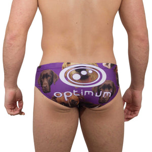 Purple Optimum dog-print tackle trunks, rear view on model with white Optimum logo - Optimum