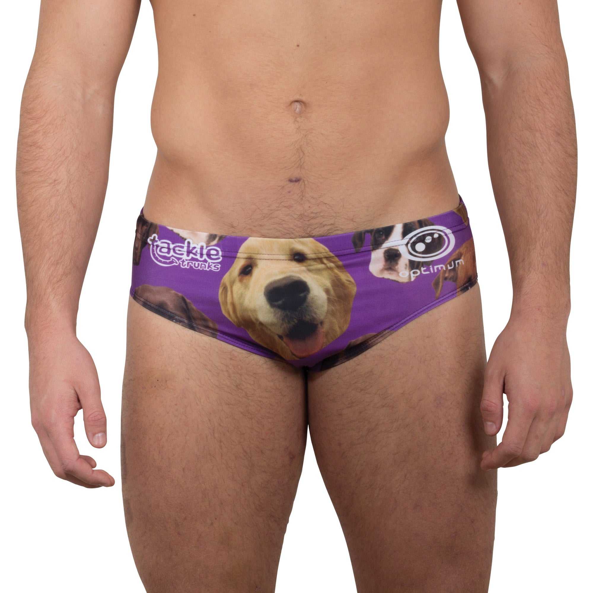 Purple Optimum dog-print tackle trunks, front view on model with Tackle Trunks and Optimum logos - Optimum