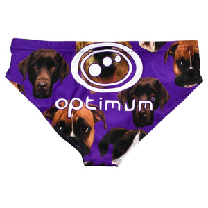 Purple Optimum Who Lets The Dogs Out tackle trunks with dog face print and white logo, flat lay - Optimum
