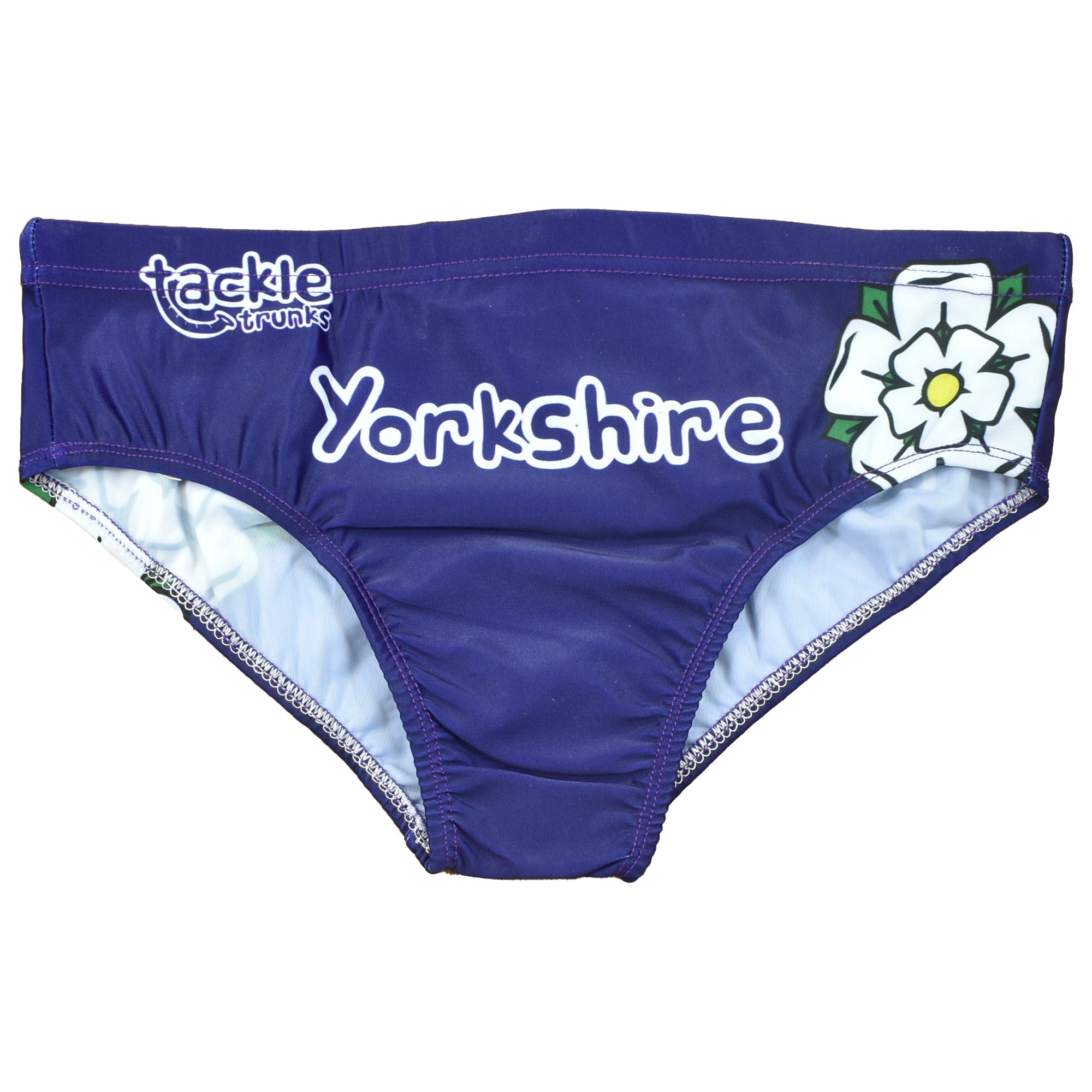 Navy Optimum Yorkshire tackle trunks with Tackle Trunks logo, text and white rose, flat lay - Optimum