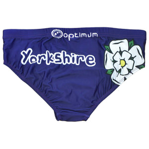 Navy Optimum Yorkshire tackle trunks with white logo, text and white rose print, flat lay - Optimum