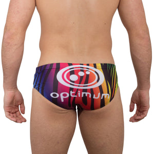 Rainbow zebra print Optimum tackle trunks, rear view on model with white halftone logo and Optimum text - Optimum