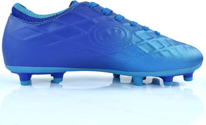 Blue Optimum Ignisio football boot, plain inner side view with embossed logo and moulded studs, on white - Optimum