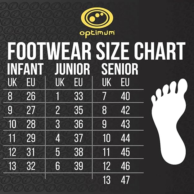 Optimum footwear size chart with infant, junior and senior UK and EU sizes and a footprint graphic on black - Optimum
