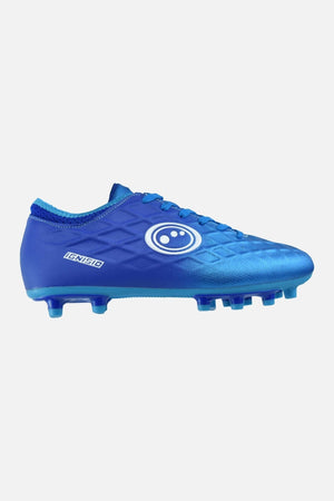 Blue Optimum Ignisio football boot, outer side view with white ring logo, IGNISIO print and moulded studs, on white - Optimum