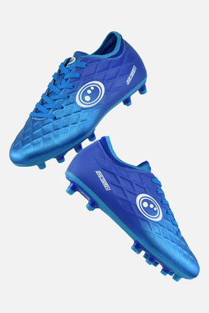 Pair of blue Optimum Ignisio football boots, moulded studs and white ring logo, angled on white - Optimum
