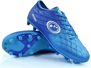 Blue Optimum Ignisio football boots, one upright, one showing blue moulded-stud sole, white ring logo, on white - Optimum