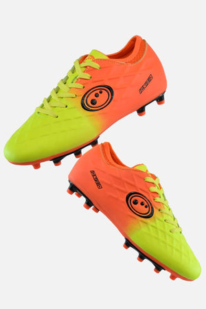 Pair of orange and fluro yellow Optimum Ignisio football boots, moulded studs and black ring logo, angled on white - Optimum