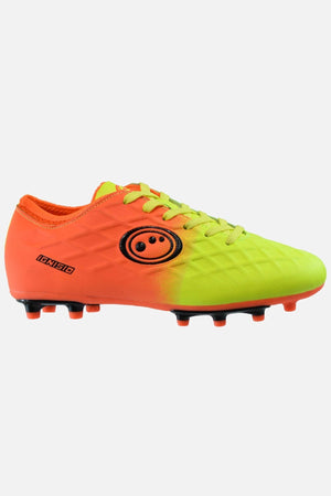 Orange and fluro yellow Optimum Ignisio football boot, outer side view, IGNISIO print and black ring logo, on white - Optimum