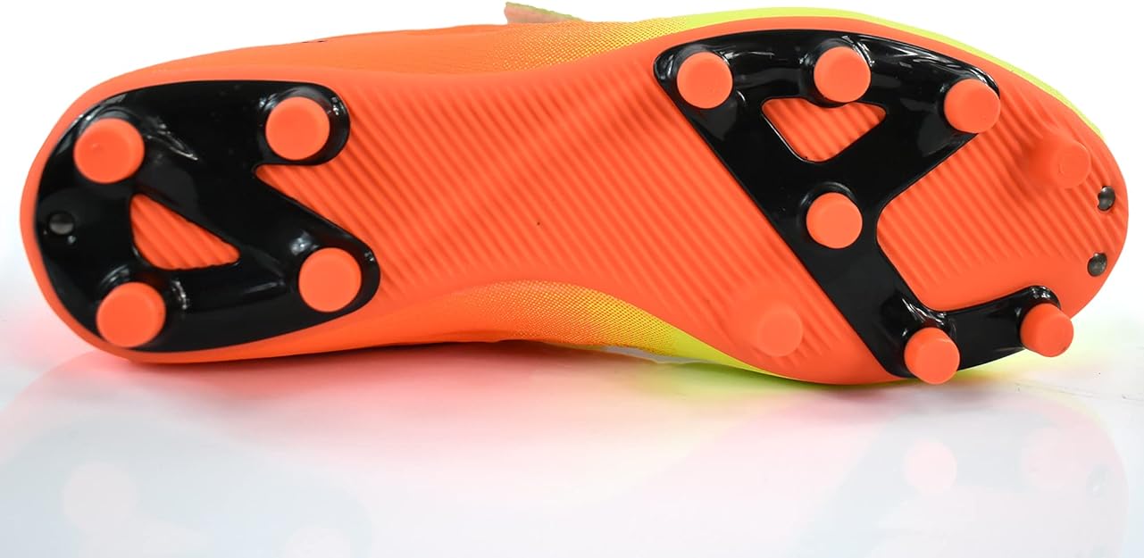 Orange Optimum Ignisio football boot, sole view showing black moulded studs and orange outsole, on white - Optimum