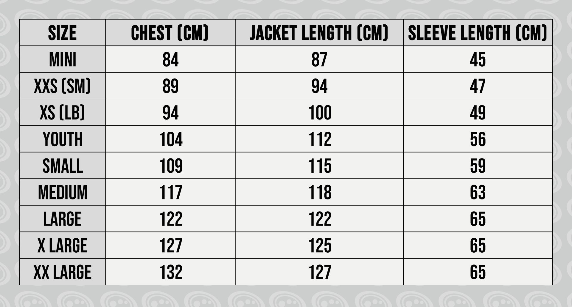 Optimum Sideline Sub Jacket size guide chart with chest, jacket and sleeve lengths in cm - Optimum