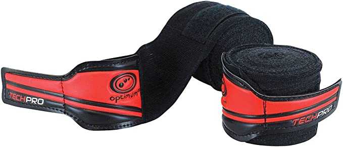 Pair of rolled black Optimum Tech Pro boxing hand wraps with red logo straps, on white - Optimum