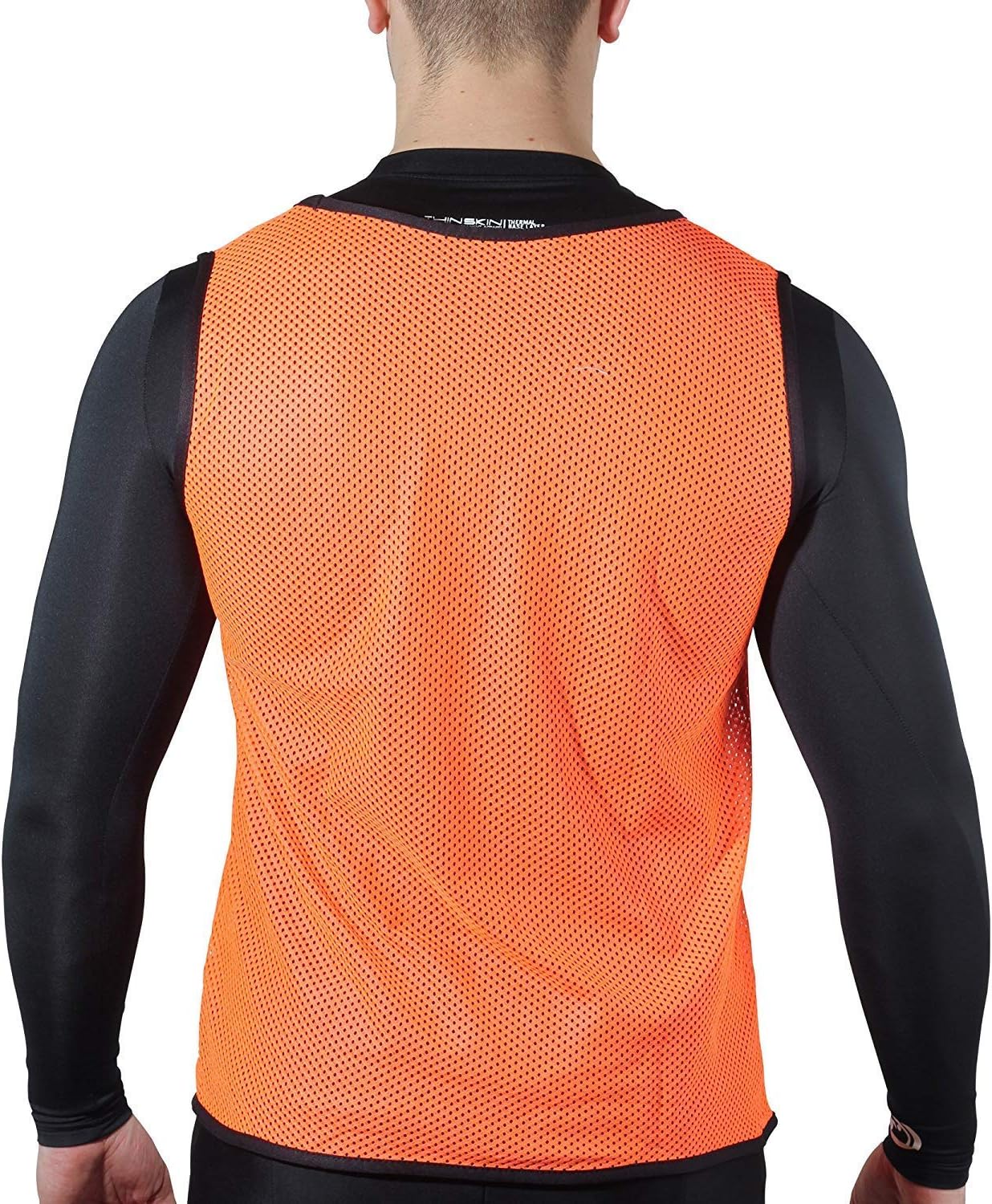 Person wearing an orange Optimum mesh training bib over black kit, rear view on white - Optimum